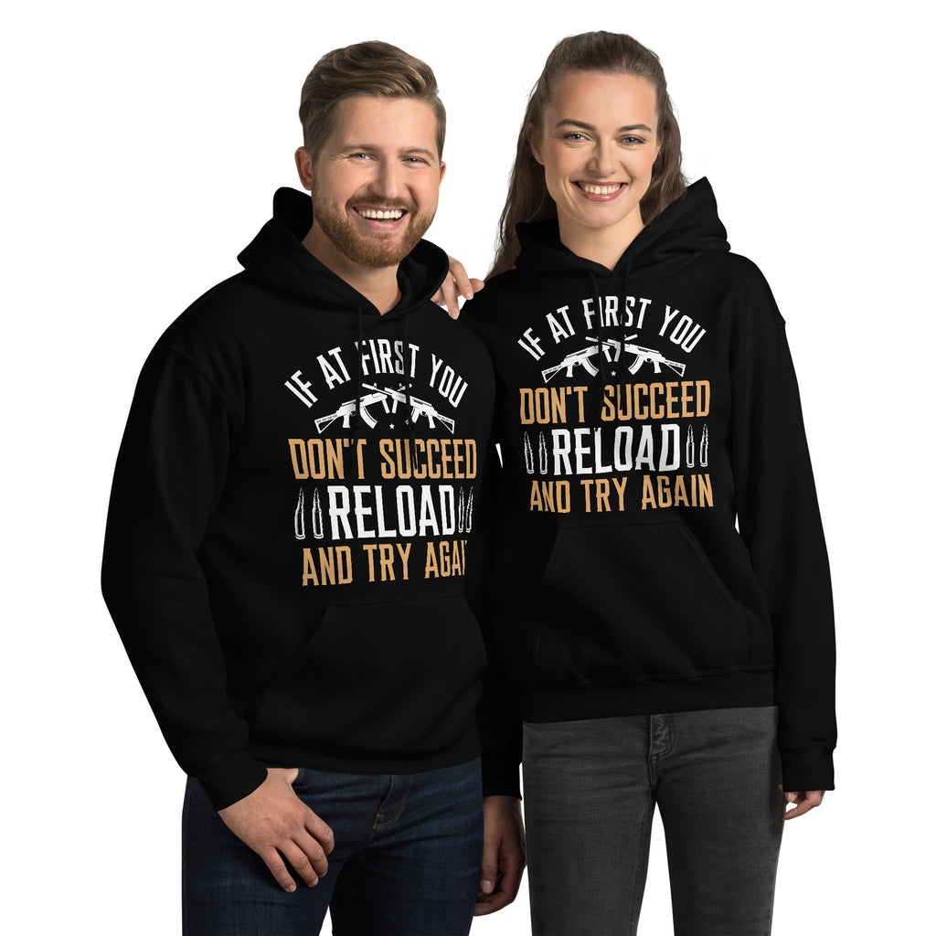 Models wearing Black Reload and Try Again graphic hoodie