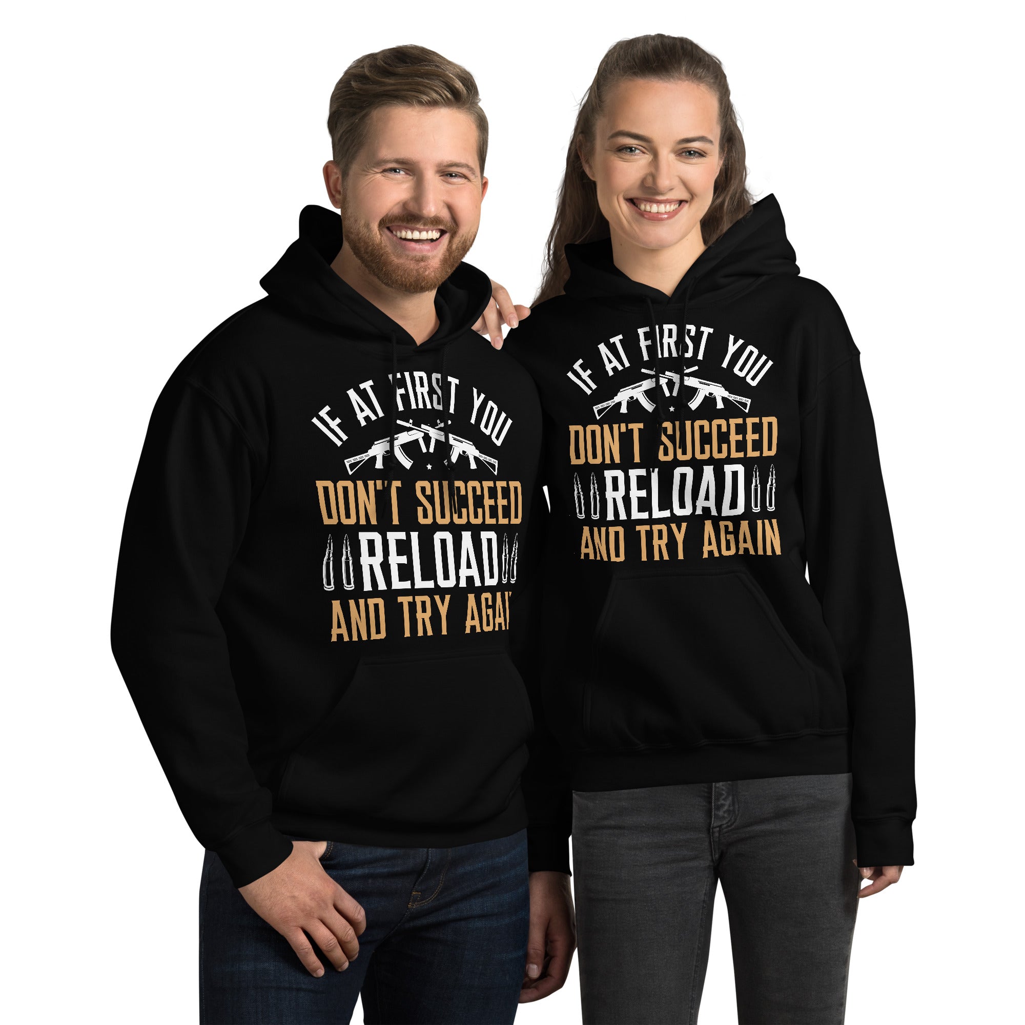 Models wearing Black Reload and Try Again graphic hoodie