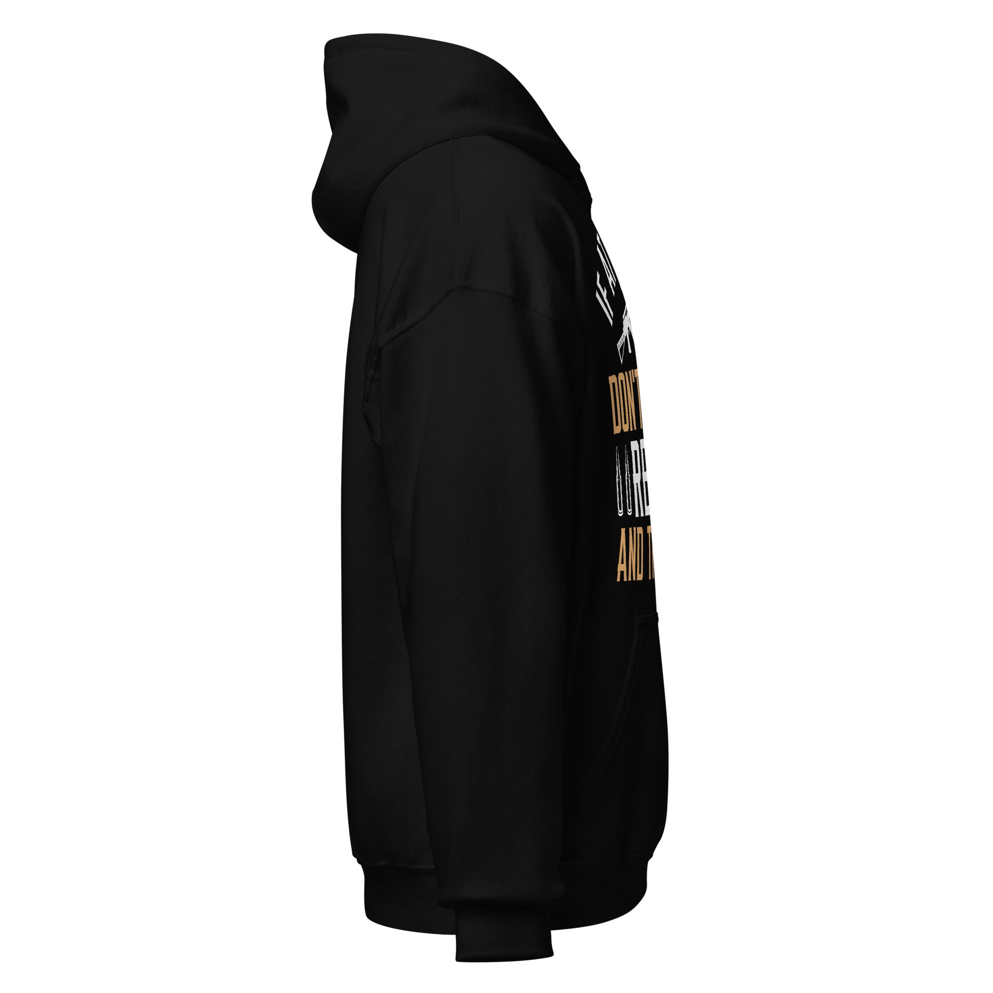 Black Reload and Try Again graphic hoodie, right side view