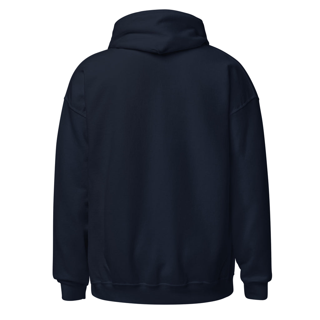 Navy Reload and Try Again graphic hoodie, back view