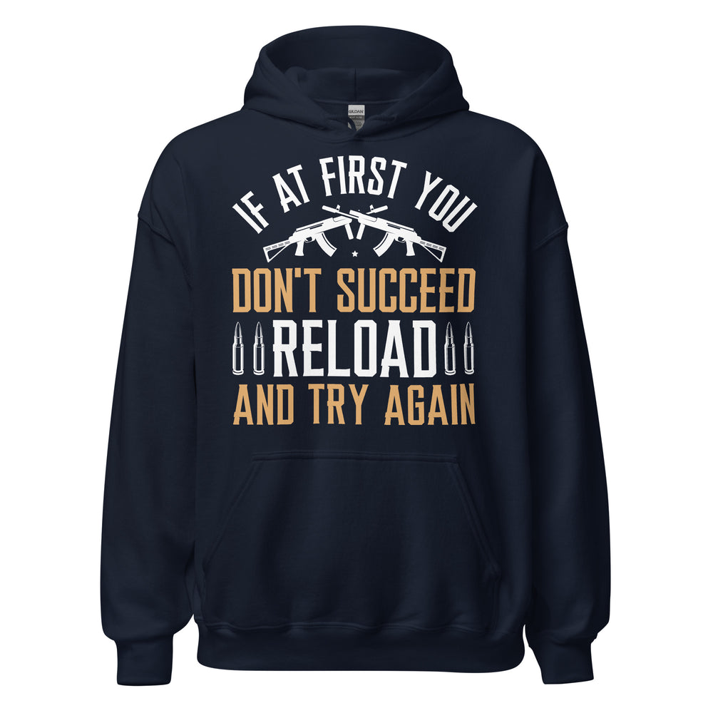 Navy Reload and Try Again graphic hoodie, front view