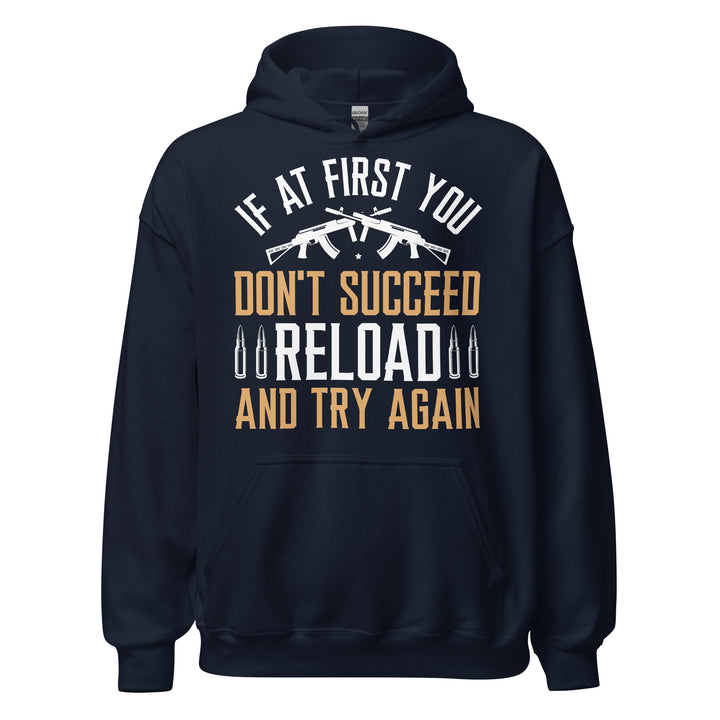 Navy Reload and Try Again graphic hoodie, front view