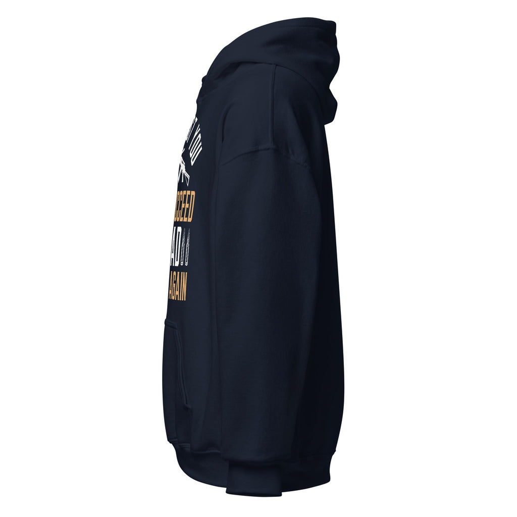Navy Reload and Try Again graphic hoodie, left side view