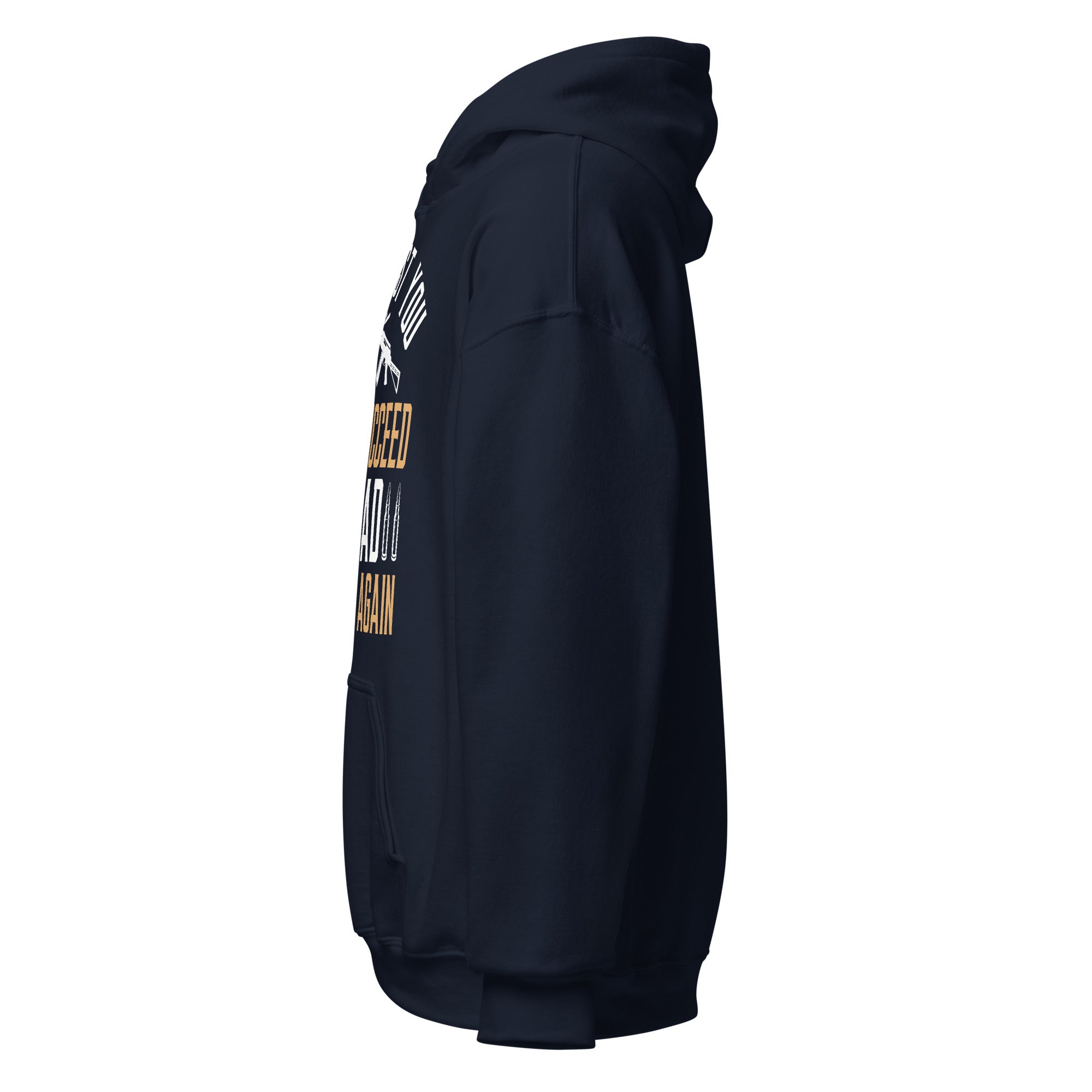 Navy Reload and Try Again graphic hoodie, left side view