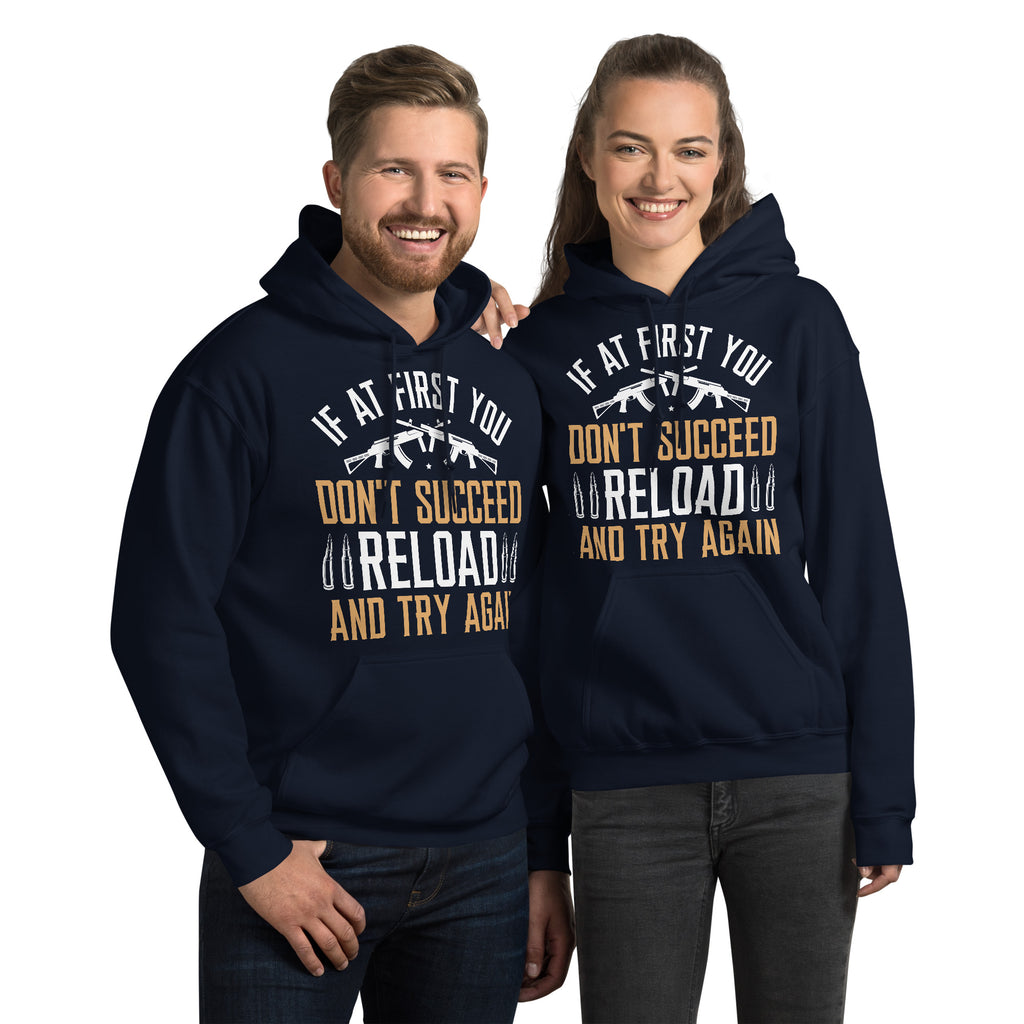 Models wearing Navy Reload and Try Again graphic hoodie