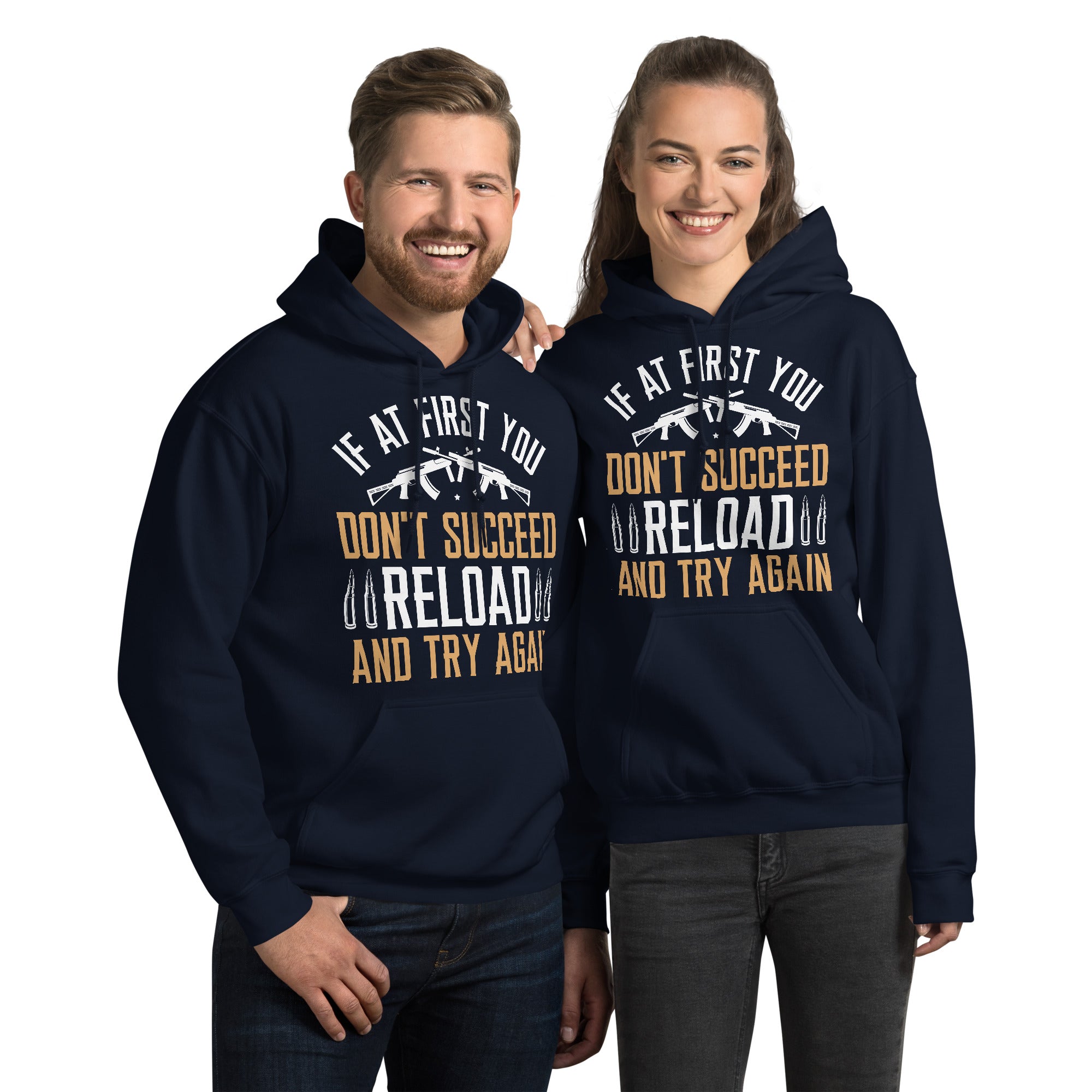 Models wearing Navy Reload and Try Again graphic hoodie