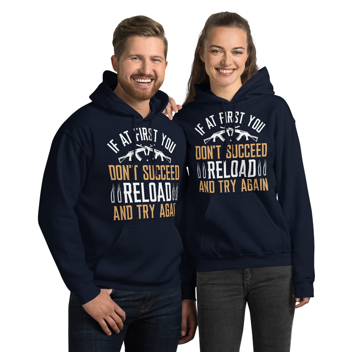 Models wearing Navy Reload and Try Again graphic hoodie
