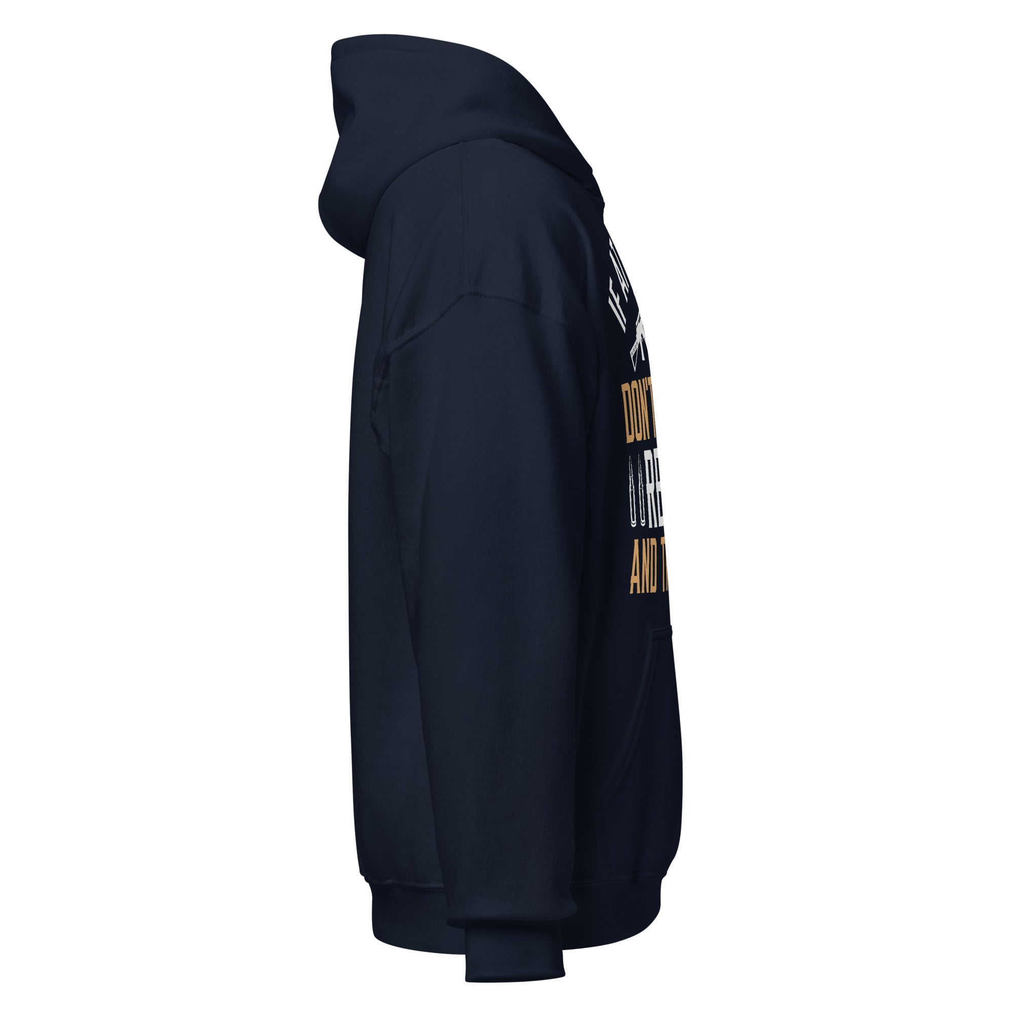 Navy Reload and Try Again graphic hoodie, right side view