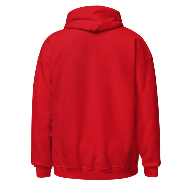 Red Reload and Try Again graphic hoodie, back view