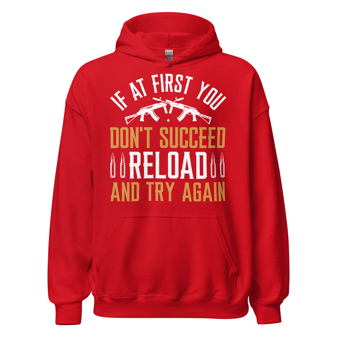 Red Reload and Try Again graphic hoodie, front view