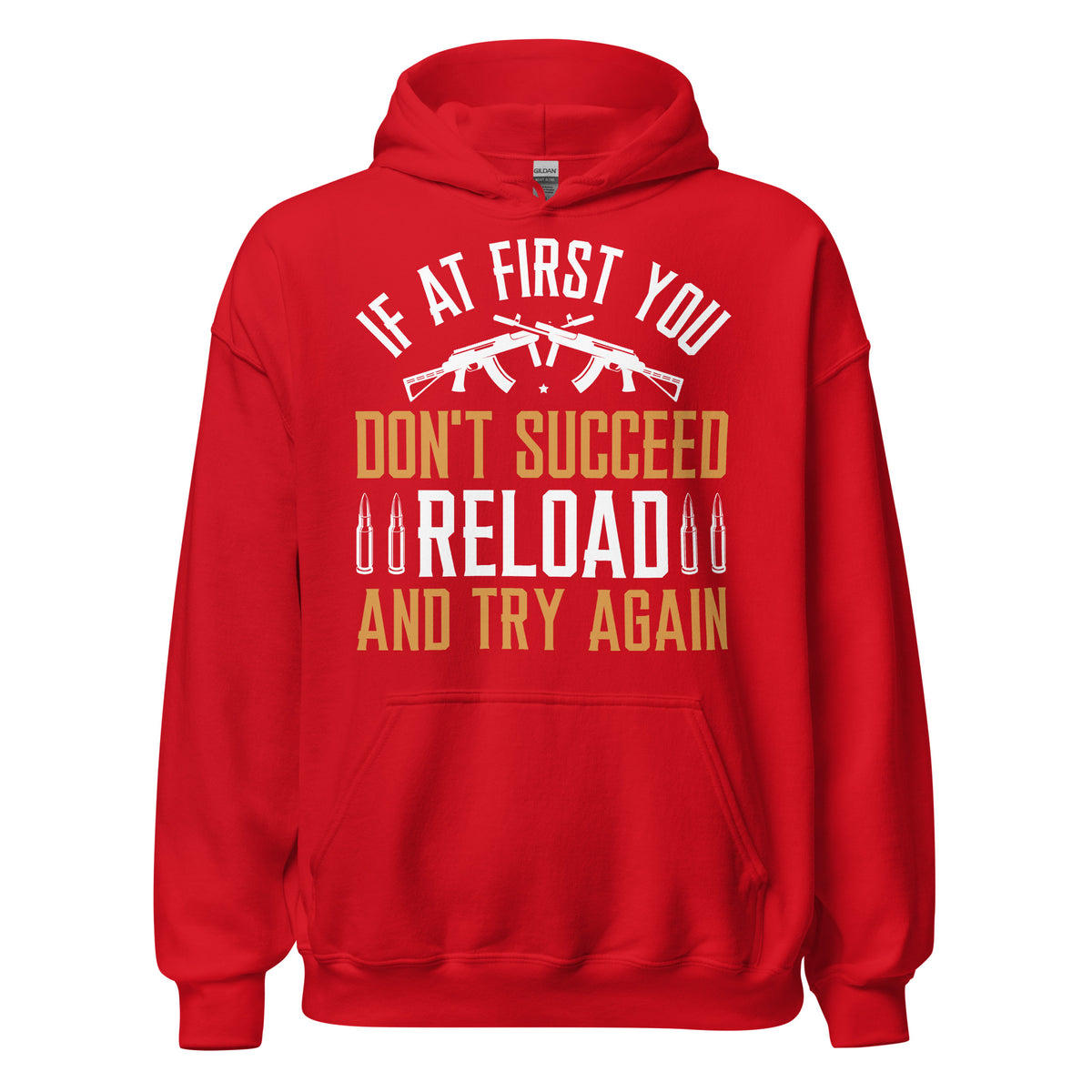 Red Reload and Try Again graphic hoodie, front view