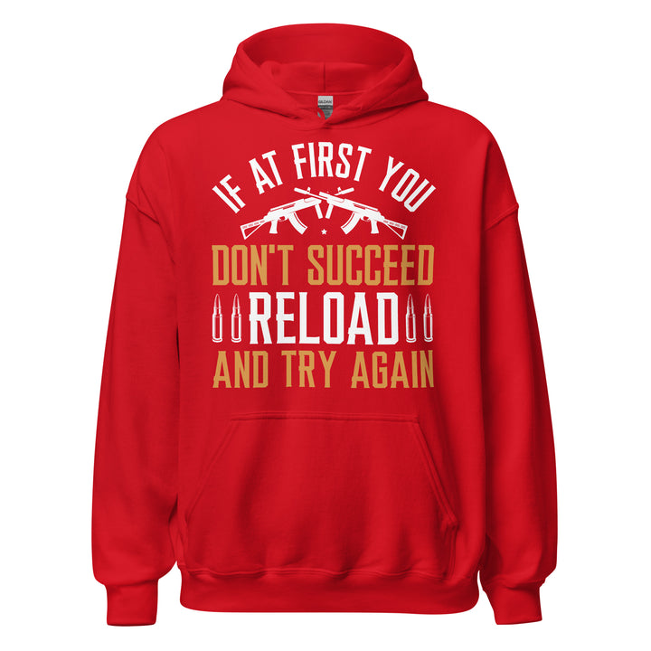 Red Reload and Try Again graphic hoodie, front view