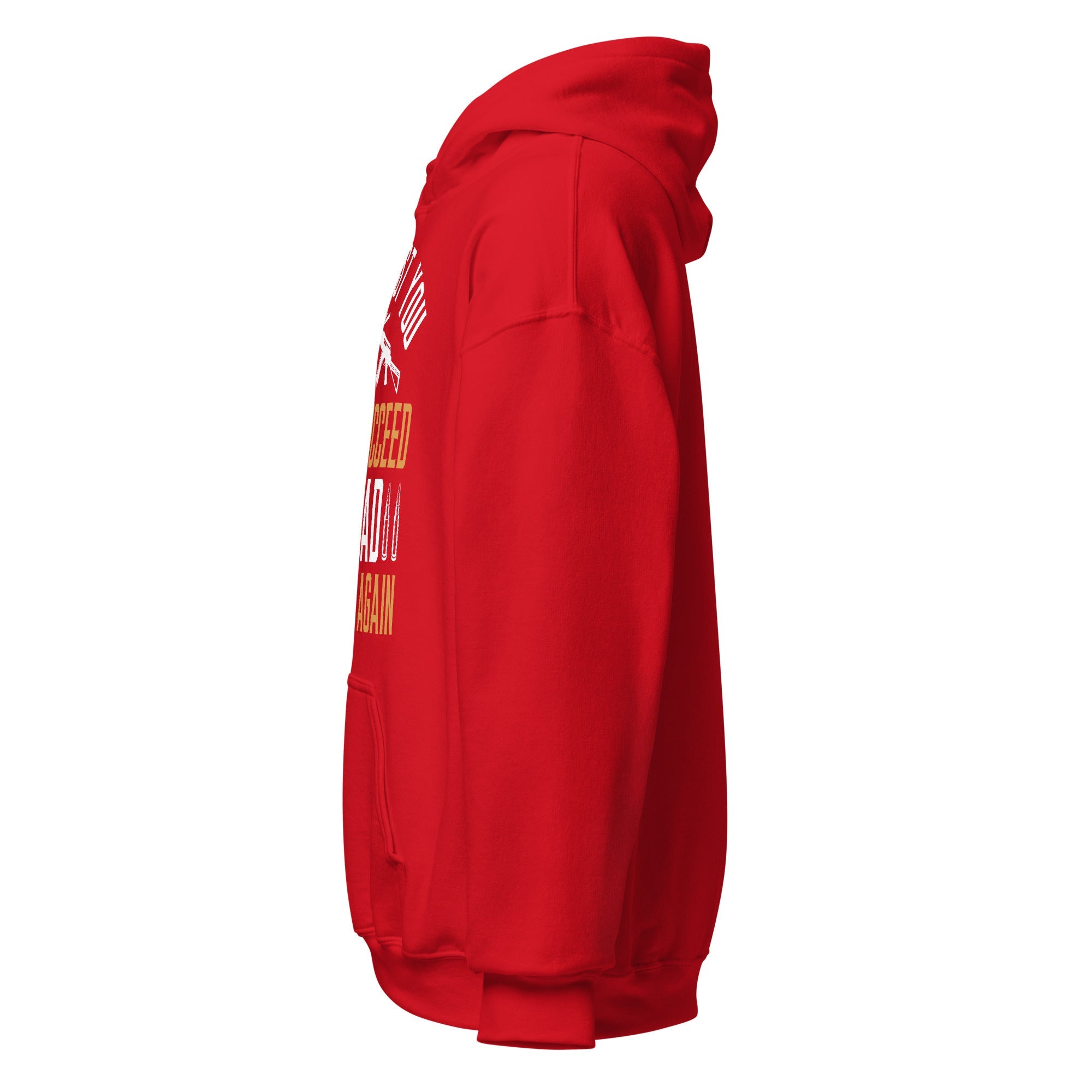 Red Reload and Try Again graphic hoodie, left side view