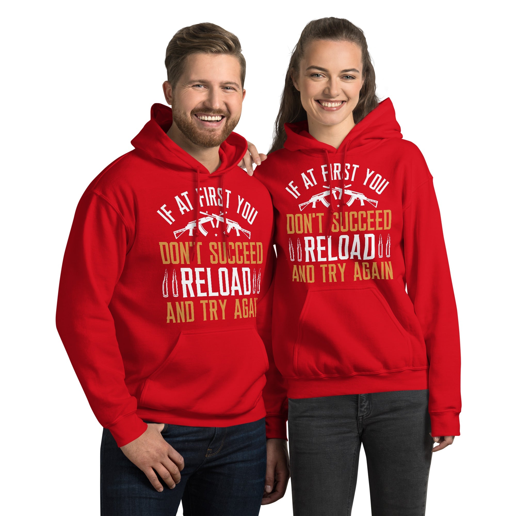 Models wearing Red Reload and Try Again graphic hoodie