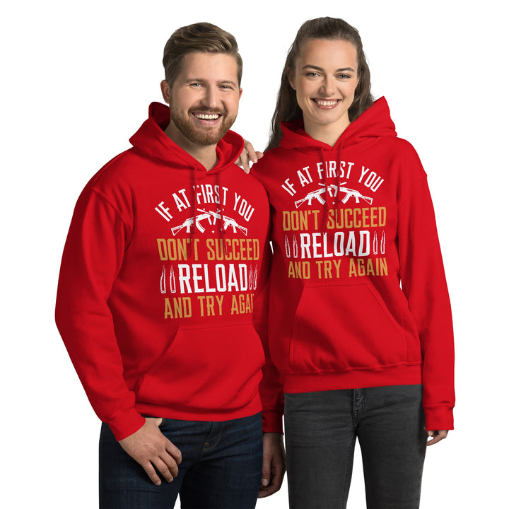 Models wearing Red Reload and Try Again graphic hoodie