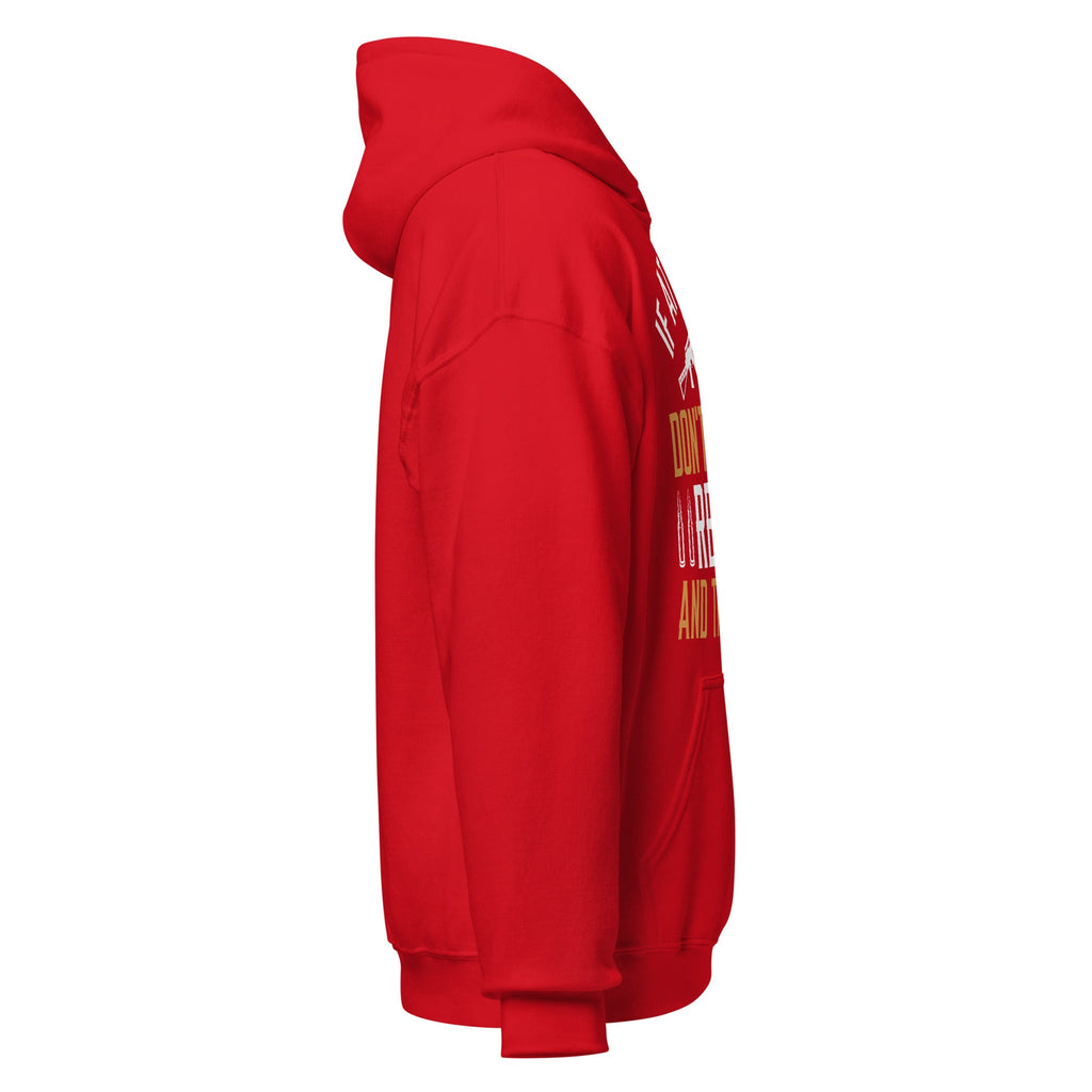 Red Reload and Try Again graphic hoodie, right side view