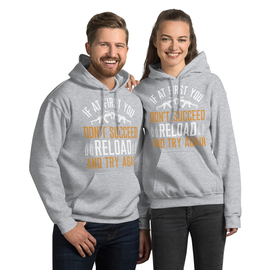 Models wearing Sport Grey Reload and Try Again graphic hoodie