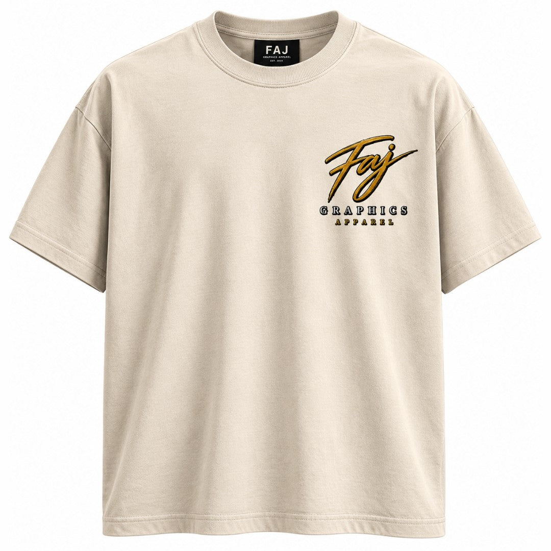 Faj Graphics Apparel premium heavyweight graphic t-shirt in cream, front view