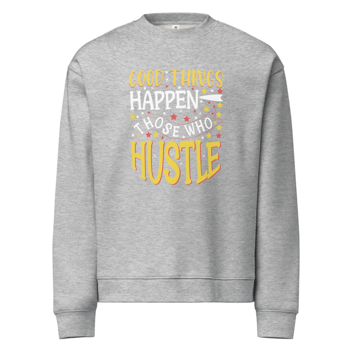 Good Things Happen positive message sweatshirt in athletic heather – front view
