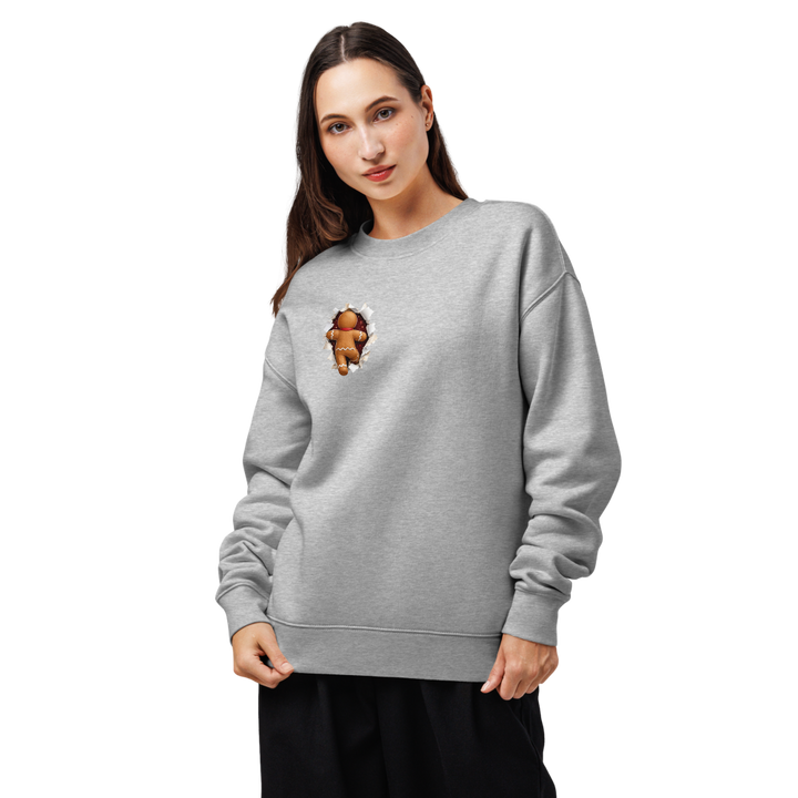 Gingerbread Man Christmas crewneck sweatshirt in athletic heather – front view