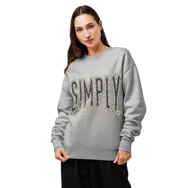 Simply Blessed Camo Christian crewneck sweatshirt in athletic heather – front view