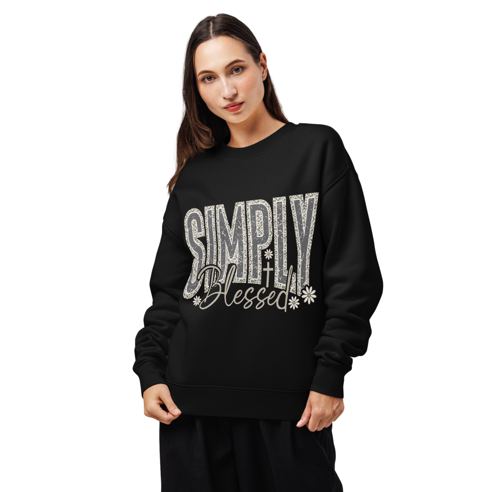 Simply Blessed Camo Christian sweatshirt in black – front view