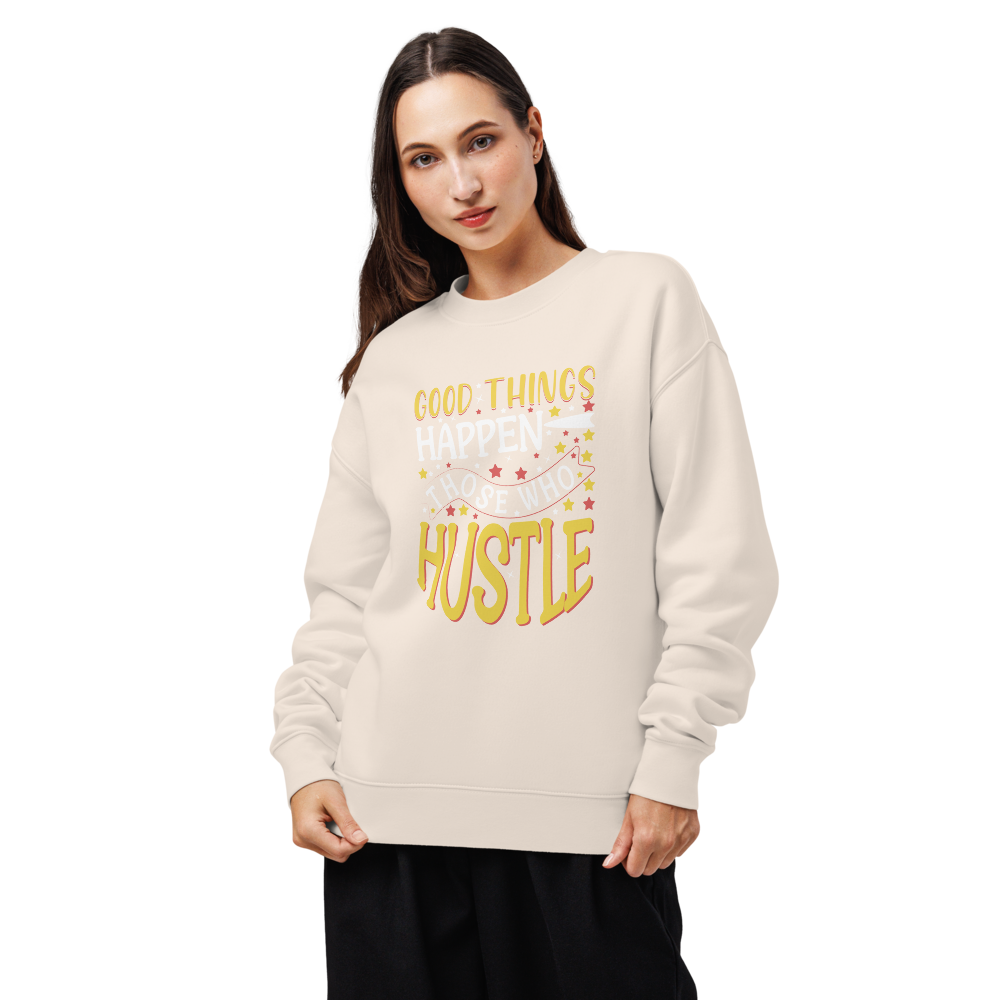 Good Things Happen positive message sweatshirt in bone – front view