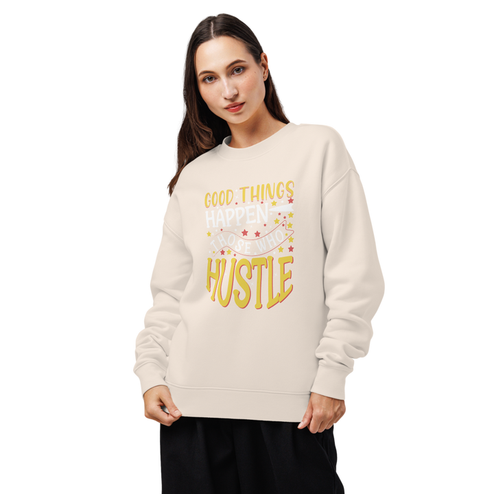 Good Things Happen positive message sweatshirt in bone – front view