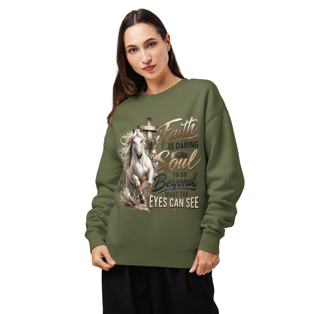 Faith Horse Cross Christian sweatshirt in cypress – front view