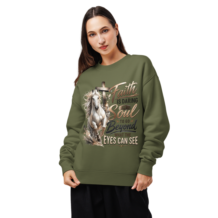 Faith Horse Cross Christian sweatshirt in cypress – front view