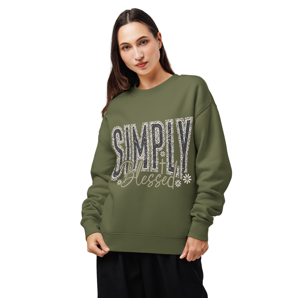 Simply Blessed Camo Christian sweatshirt in cypress – front view