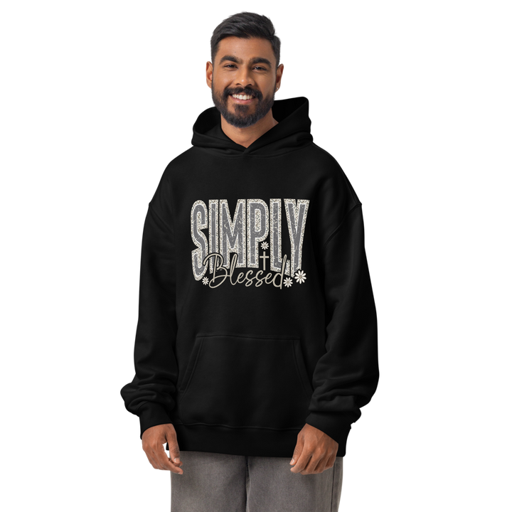 Simply Blessed Camo Christian graphic hoodie in black – front view