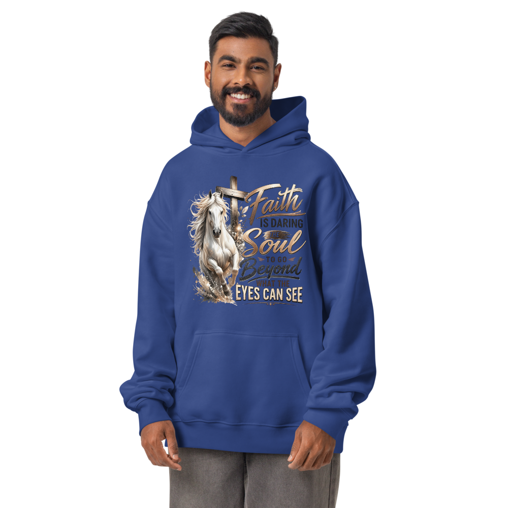 Faith Horse Cross Christian hoodie in cobalt – front view
