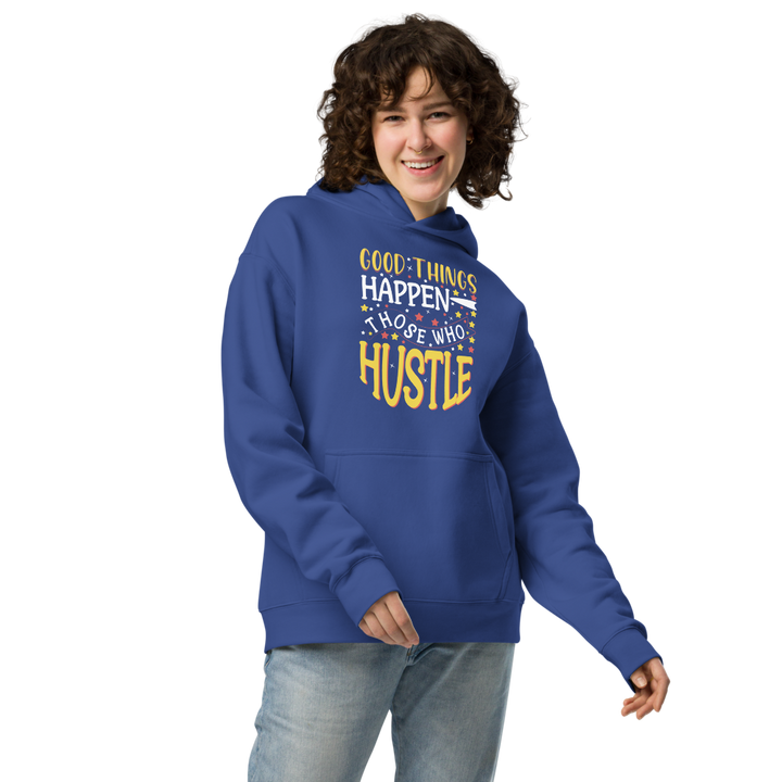 Good Things Happen graphic hoodie in cobalt – front view