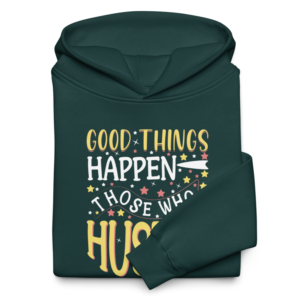 Good Things Happen graphic hoodie in pine green – front view
