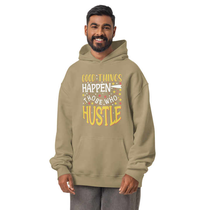 Good Things Happen graphic hoodie in sand – front view