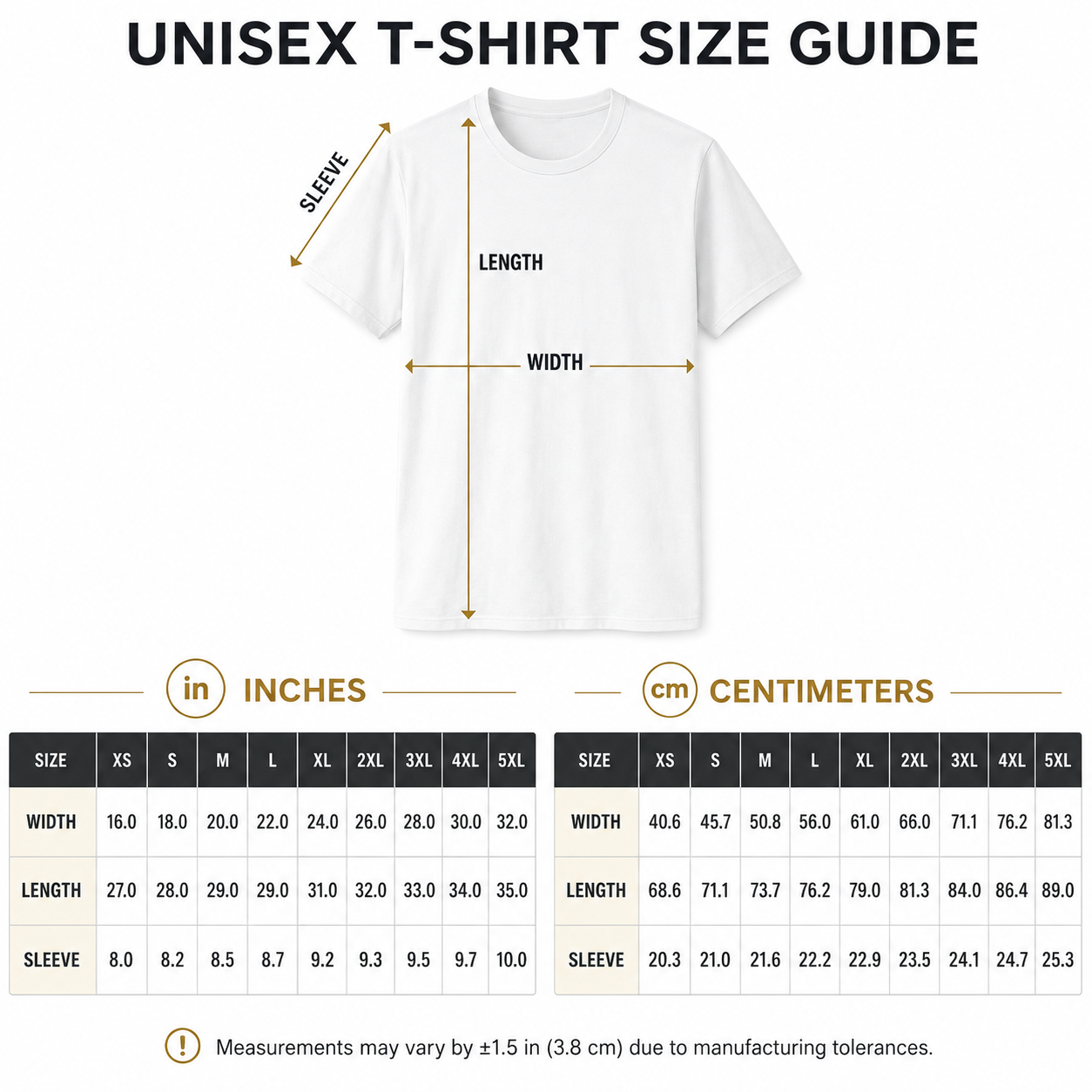 Unisex T-shirt size guide with measurements in inches and centimeters