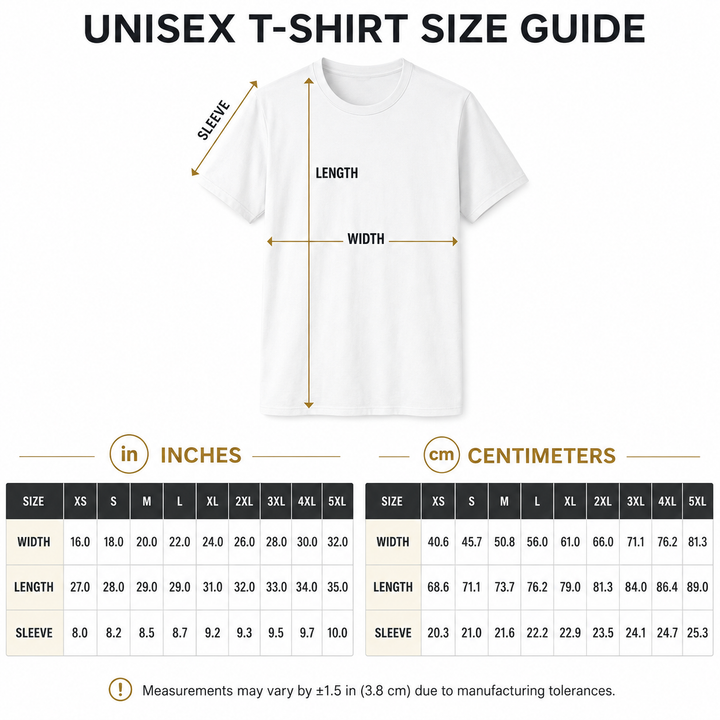 Unisex T-shirt size guide with measurements in inches and centimeters